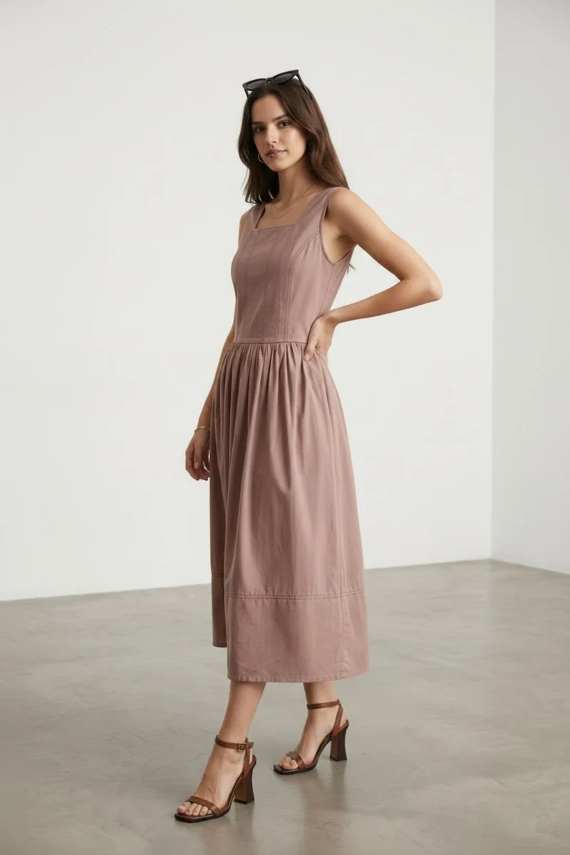 Araminta|100% Cotton Panelled Bodice Midi Dress