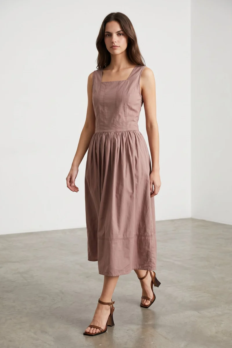Araminta|100% Cotton Panelled Bodice Midi Dress