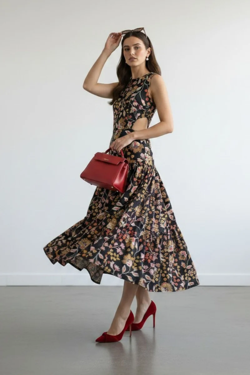 Solenne Rose|100% Cotton Side Waist Cut-Out Maxi Dress