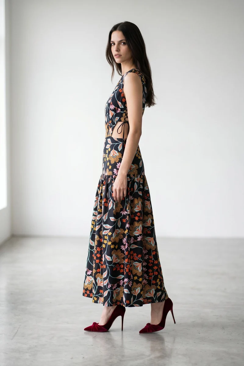 Solenne Rose|100% Cotton Side Waist Cut-Out Maxi Dress