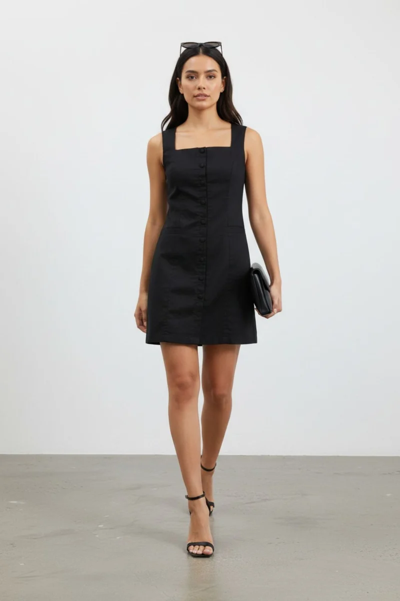 Celinae|100% Cotton Front Button Open Mini Dress