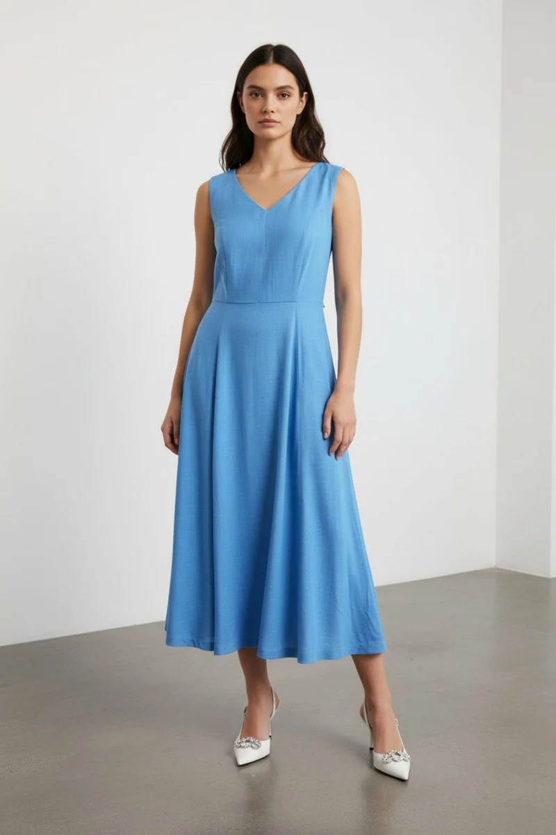 Zorelle|100% Viscose V-Neck Midi Dress