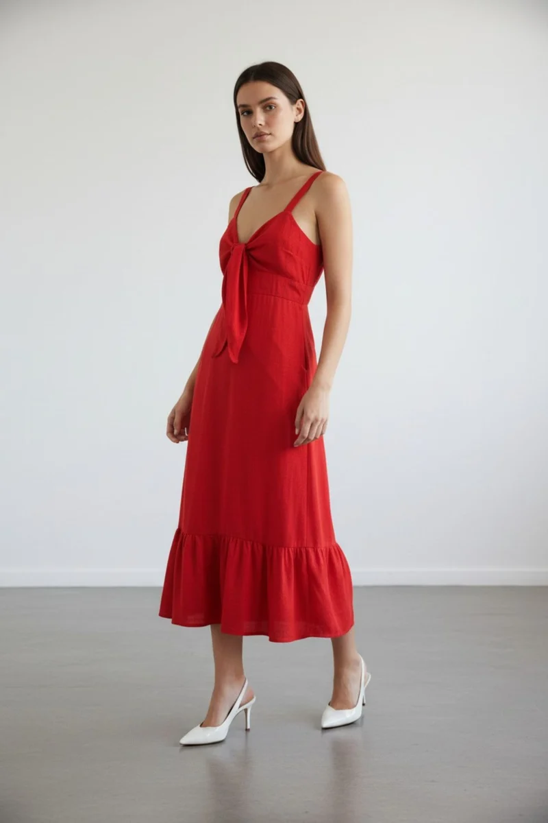 Rosaline|100% Viscose Front Tie Bodice Midi Dress