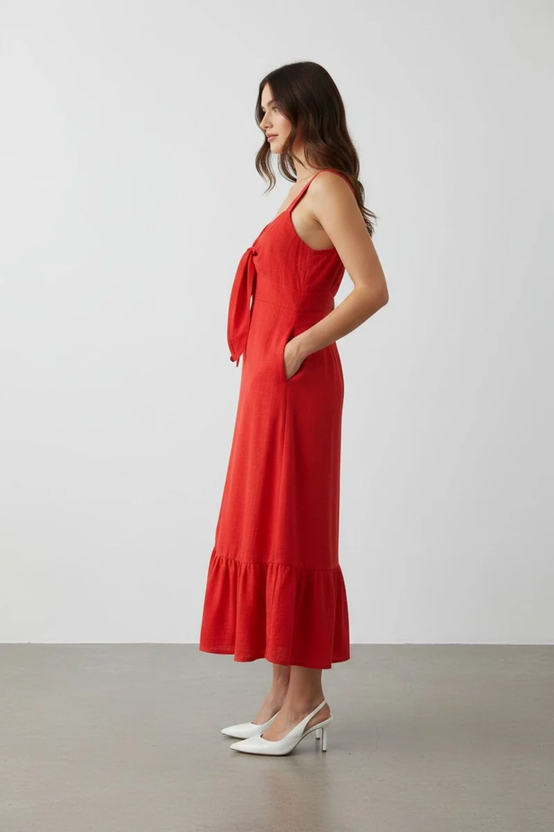 Rosaline|100% Viscose Front Tie Bodice Midi Dress