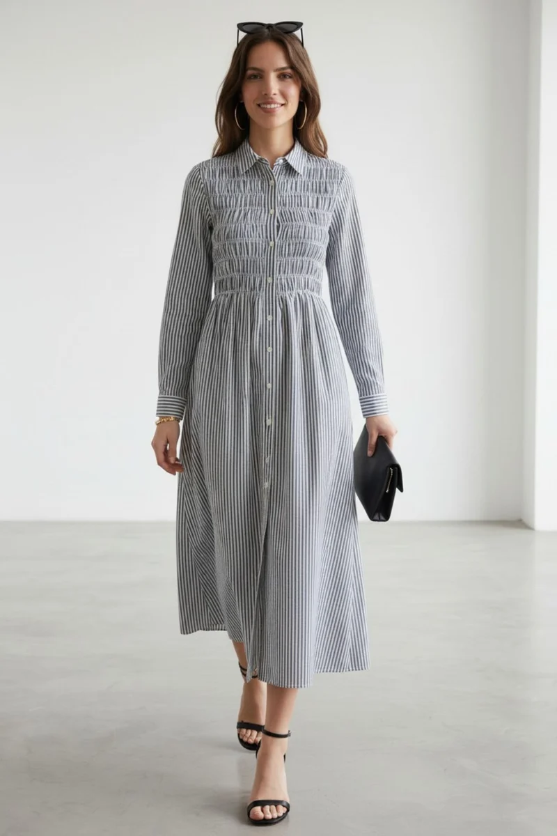 Bellamy|100% Cotton Smocked Bodice Shirt Dress