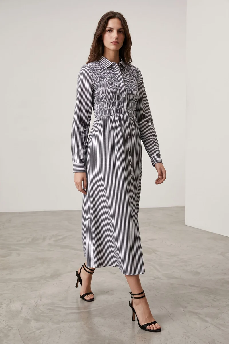 Bellamy|100% Cotton Smocked Bodice Shirt Dress