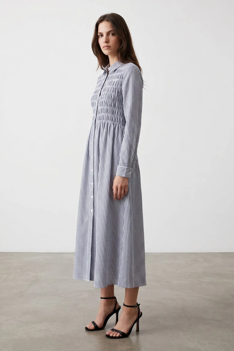 Bellamy|100% Cotton Smocked Bodice Shirt Dress