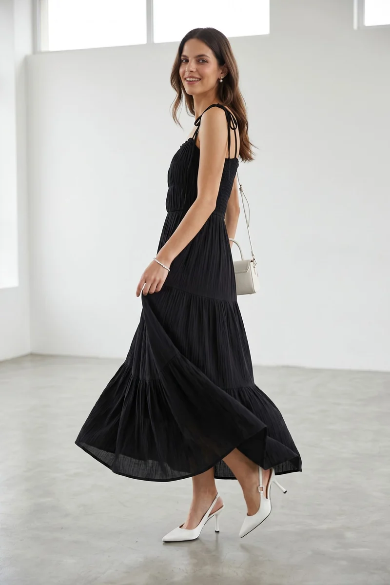 Virelia|100% Viscose Smocked Tiered Maxi Dress