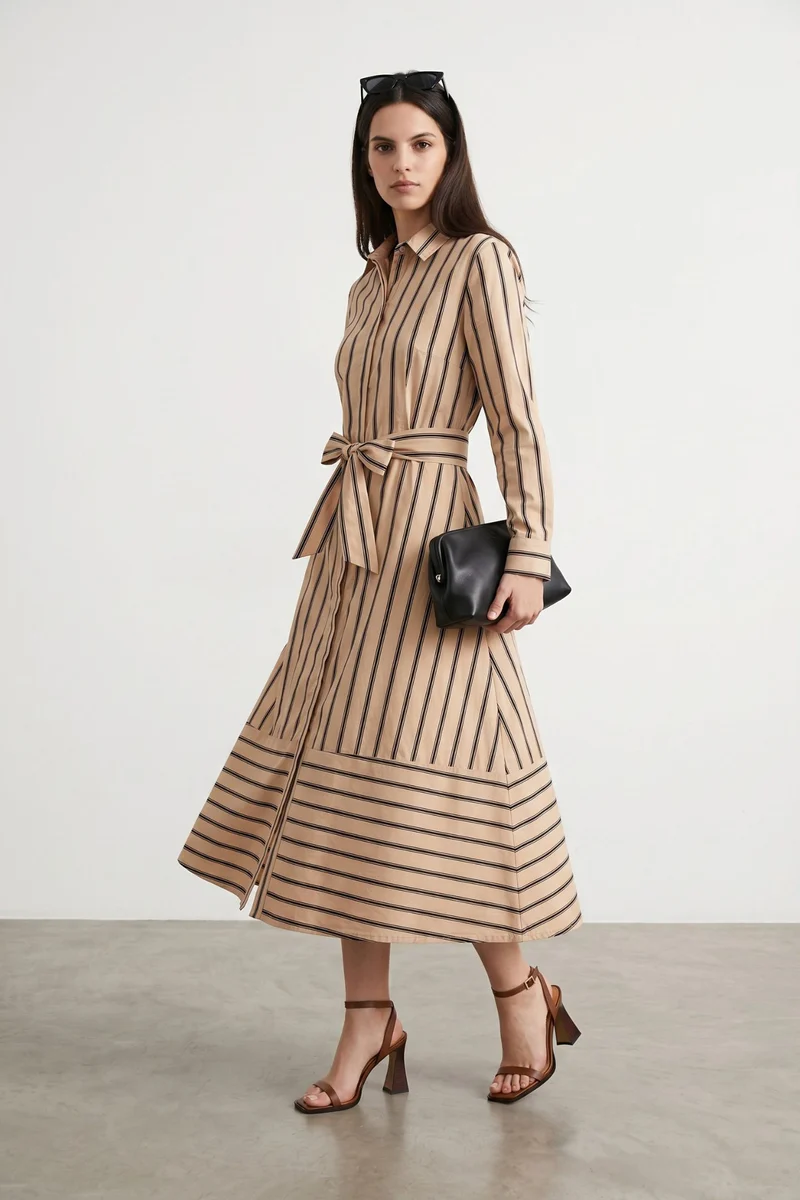 Virellea|Striped Belted Shirt Midi Dress