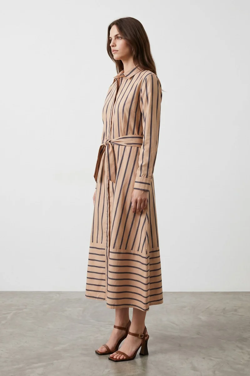 Virellea|Striped Belted Shirt Midi Dress