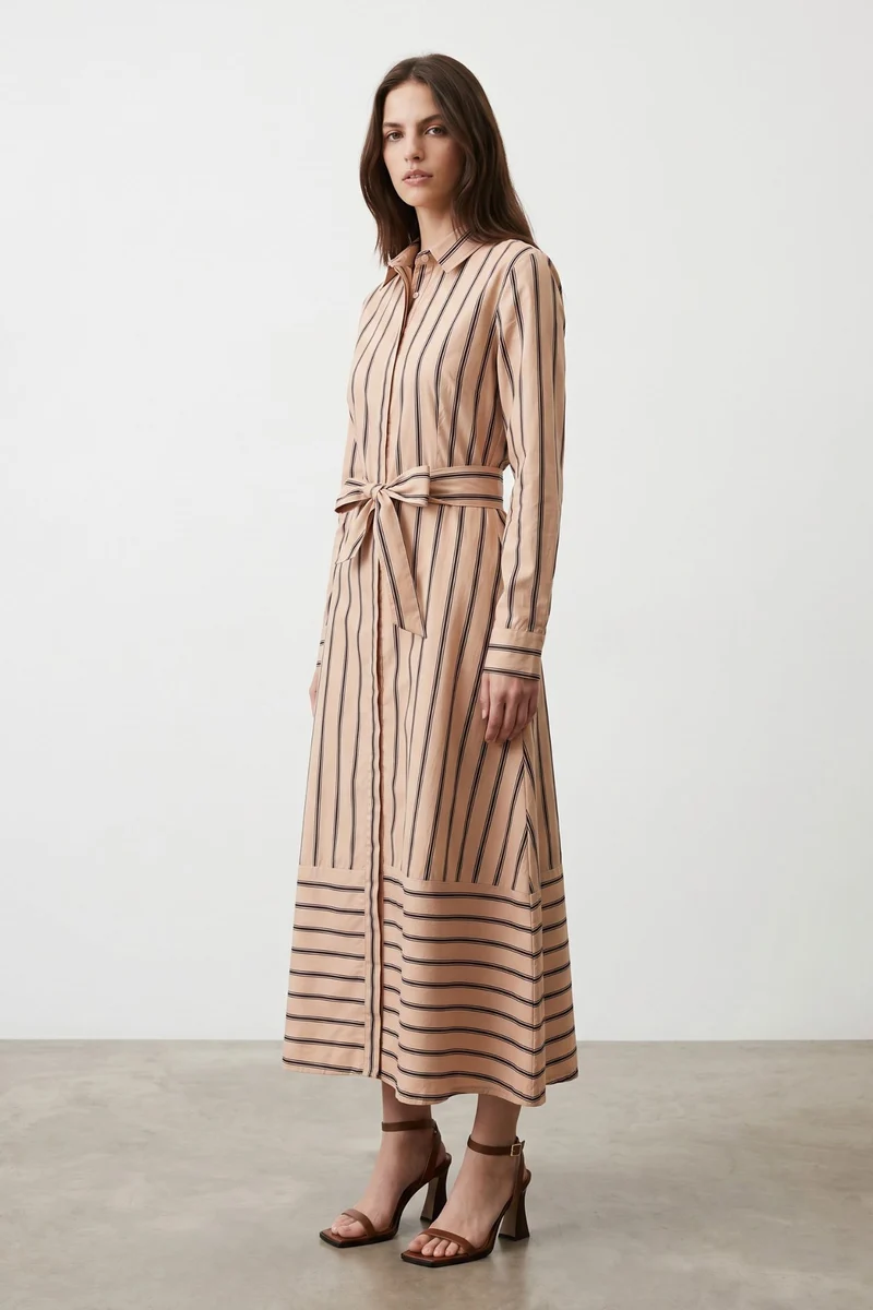 Virellea|Striped Belted Shirt Midi Dress
