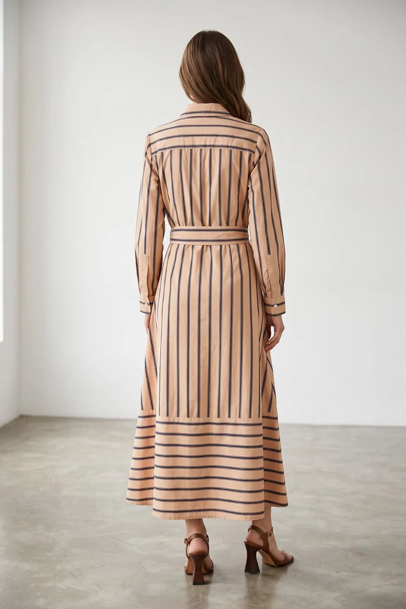 Virellea|Striped Belted Shirt Midi Dress