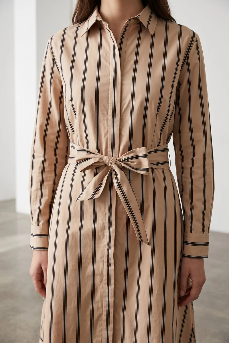 Virellea|Striped Belted Shirt Midi Dress