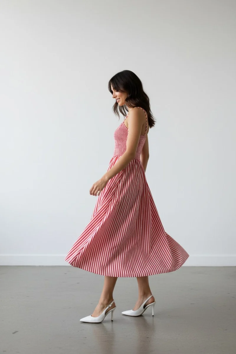 Alouisa|100% Cotton Smocked Stripe Midi Dress