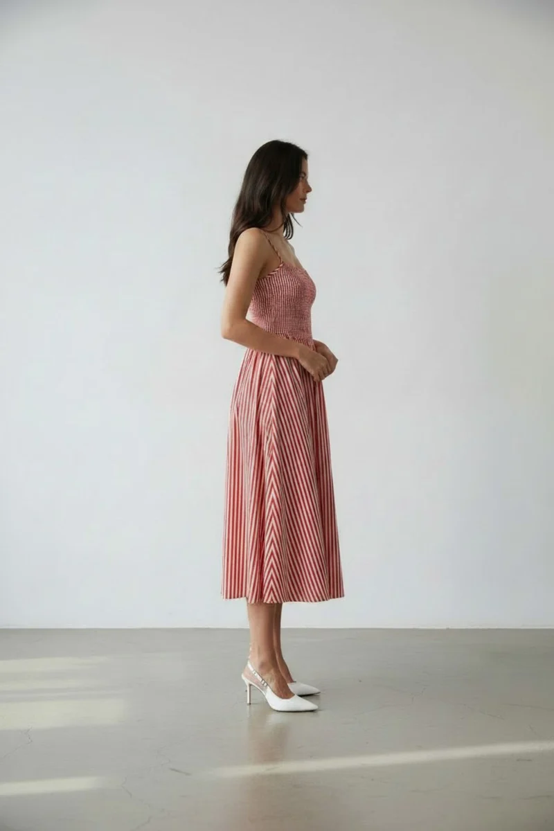 Alouisa|100% Cotton Smocked Stripe Midi Dress