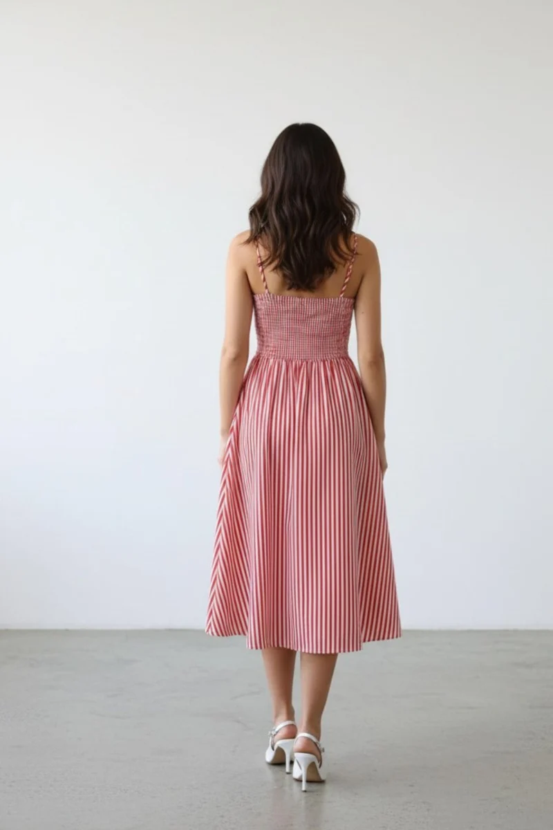 Alouisa|100% Cotton Smocked Stripe Midi Dress
