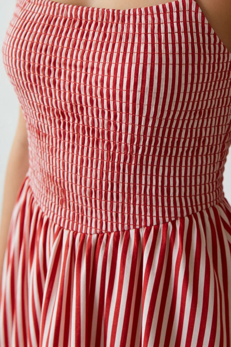 Alouisa|100% Cotton Smocked Stripe Midi Dress