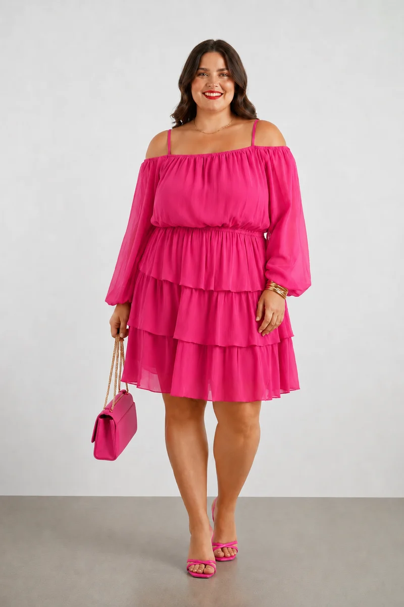 Solenne Bleu|100% Viscose Tiered Off Shoulder Mini Dress