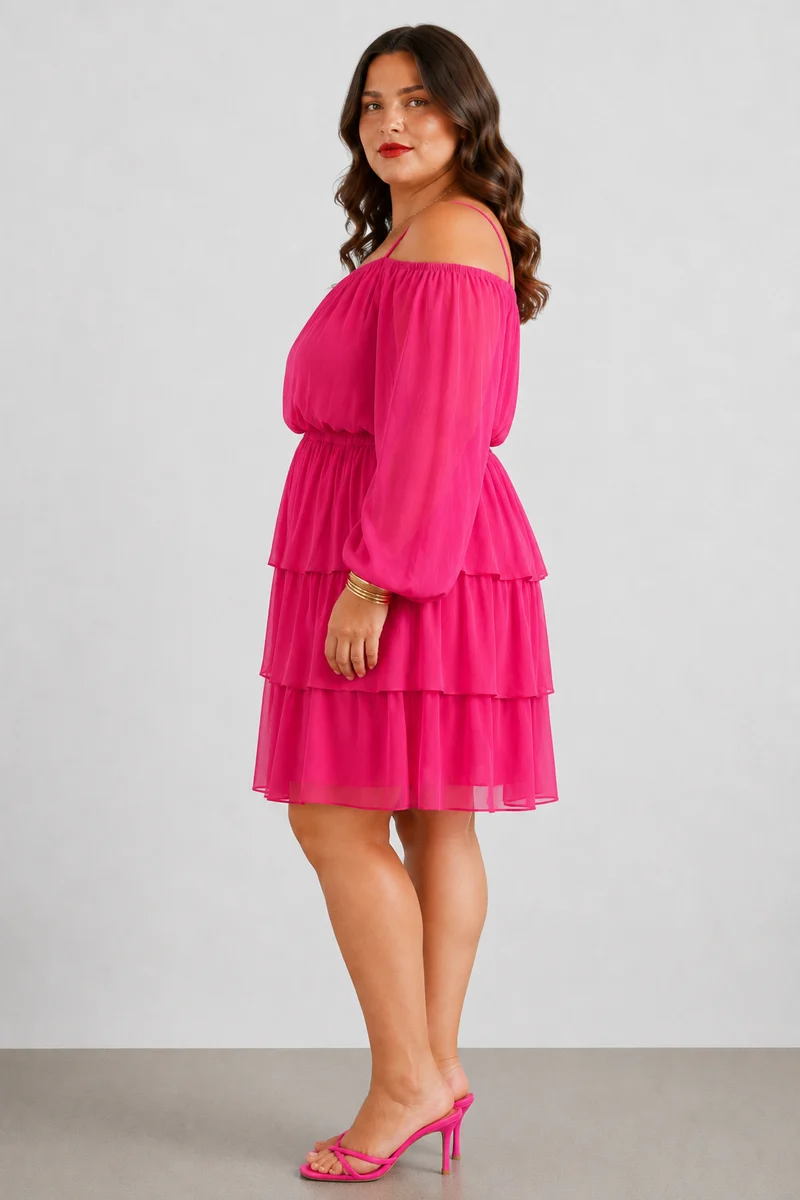 Solenne Bleu|100% Viscose Tiered Off Shoulder Mini Dress