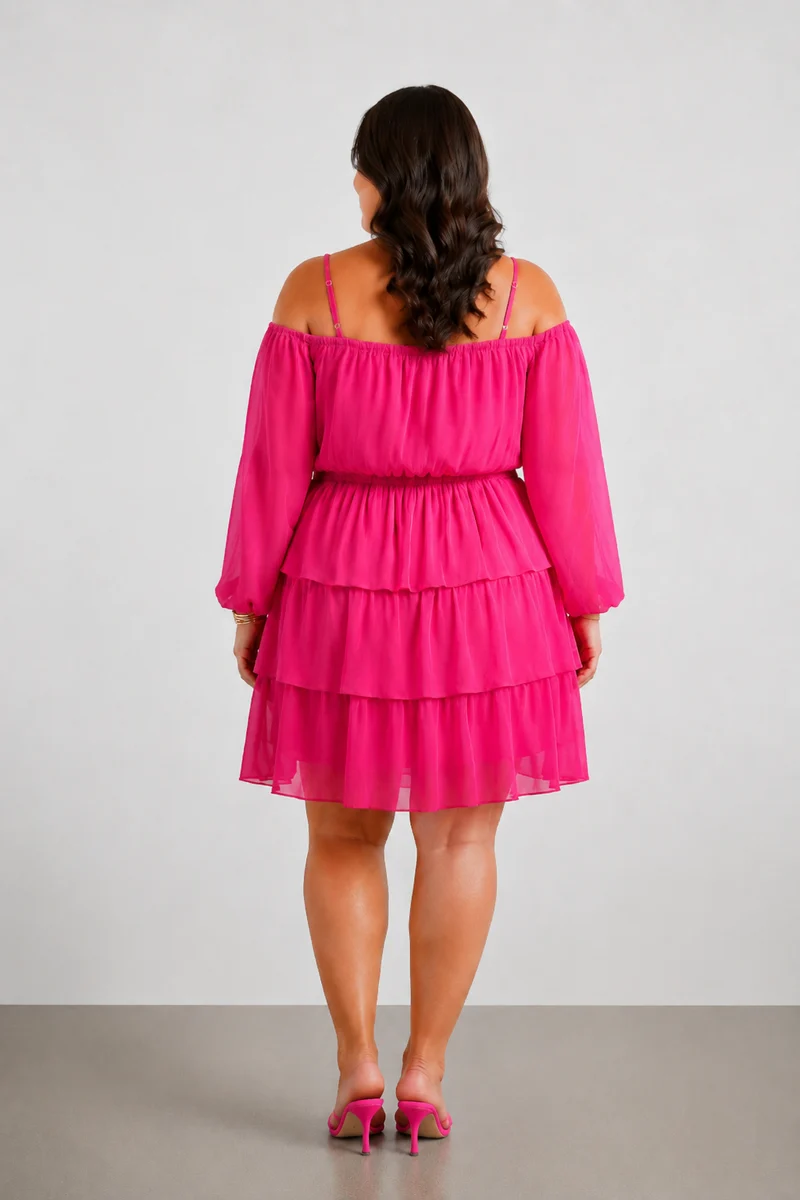 Solenne Bleu|100% Viscose Tiered Off Shoulder Mini Dress