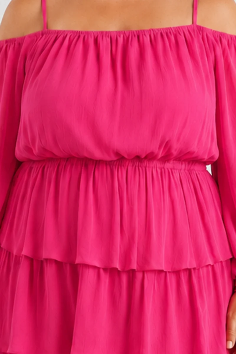 Solenne Bleu|100% Viscose Tiered Off Shoulder Mini Dress
