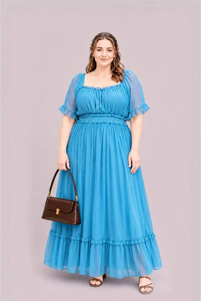 Serelle|100% Viscose Gathered Ruffle Maxi Dress