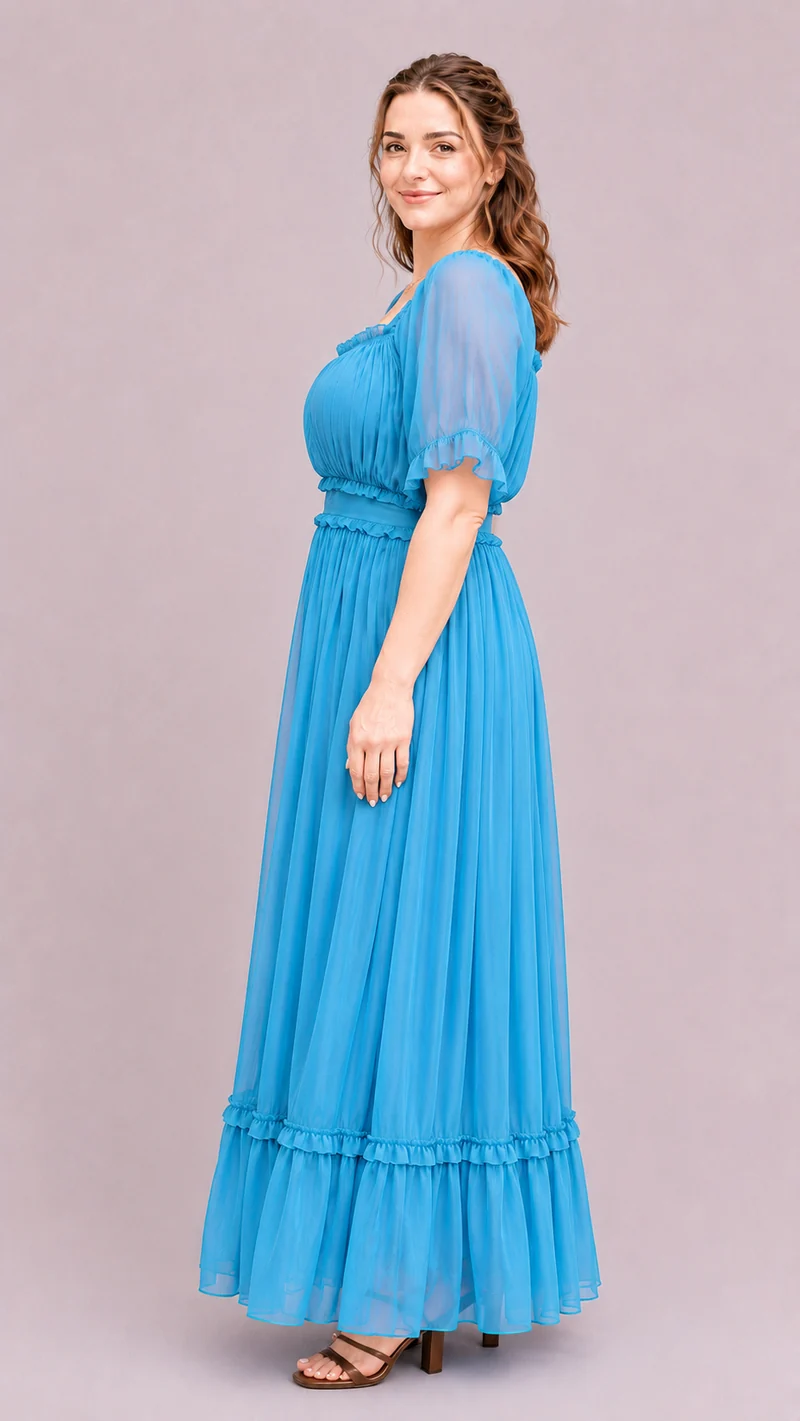 Serelle|100% Viscose Gathered Ruffle Maxi Dress