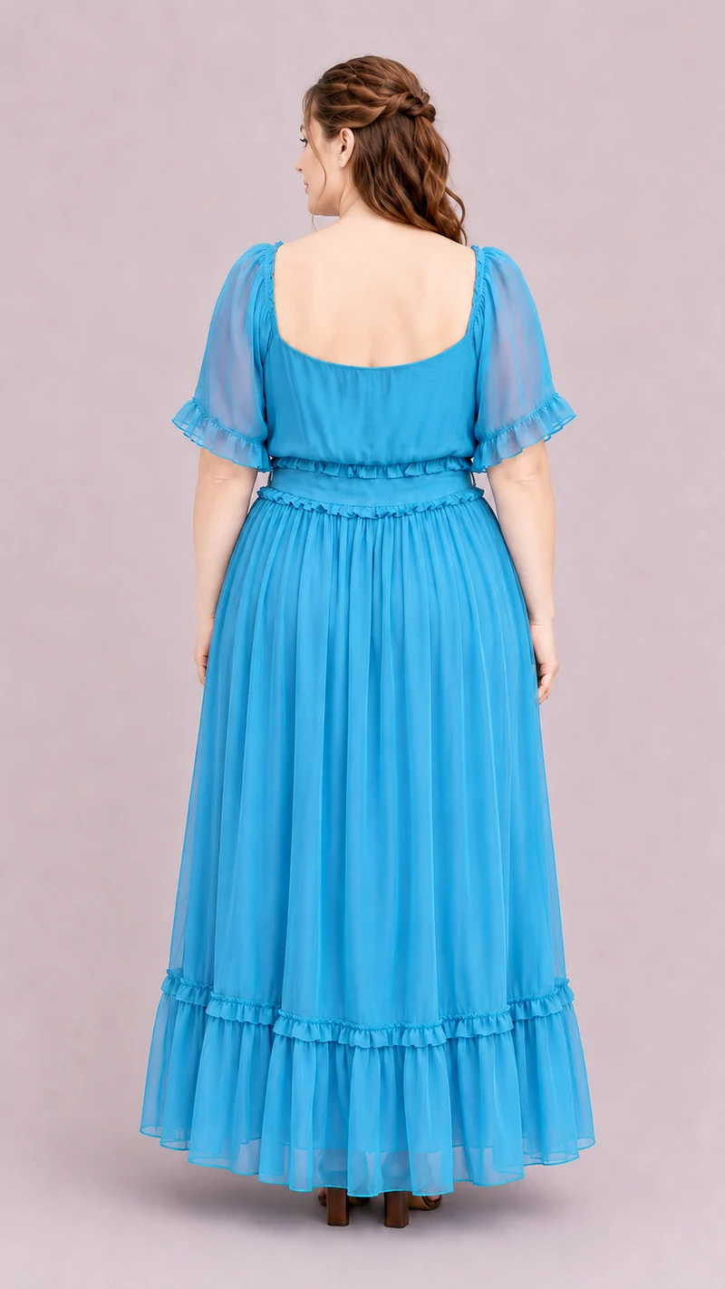 Serelle|100% Viscose Gathered Ruffle Maxi Dress