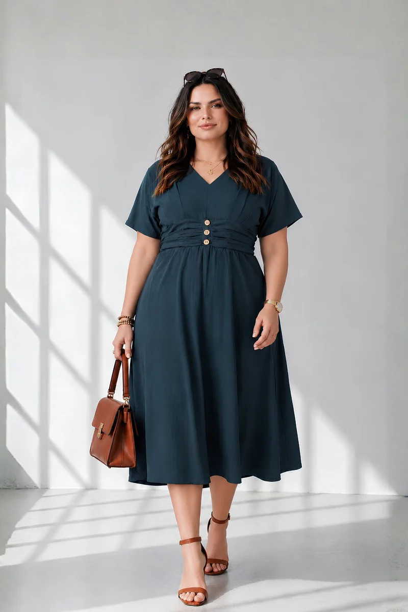 Estrela|100% Cotton V-Neck Fit & Flared Dress