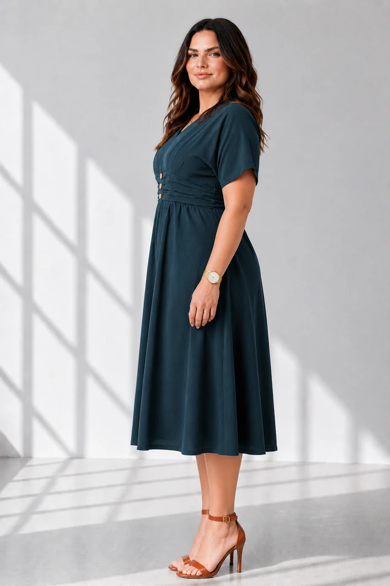 Estrela|100% Cotton V-Neck Fit & Flared Dress