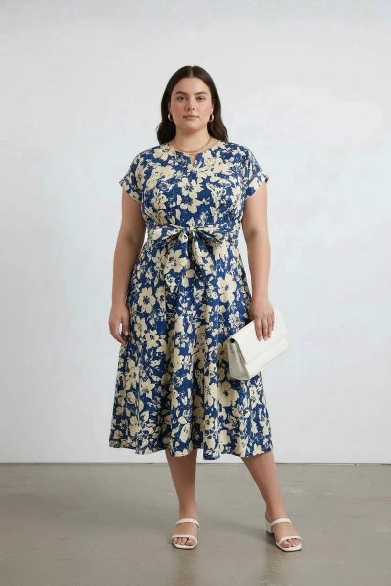 Amorette|100% Cotton Printed A-Line Midi Dress