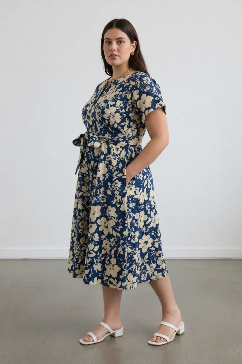 Amorette|100% Cotton Printed A-Line Midi Dress