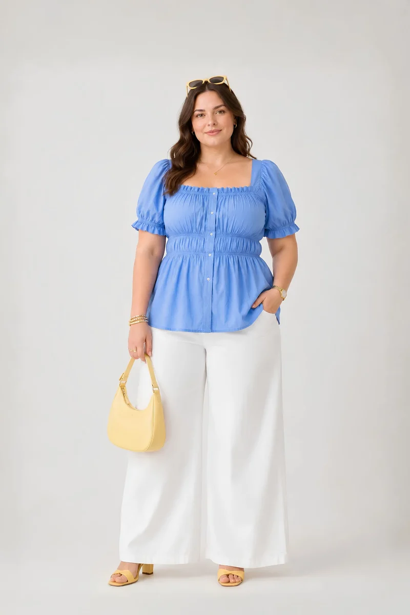 Avena|100% Viscose Peplum Top With Puff Sleeves