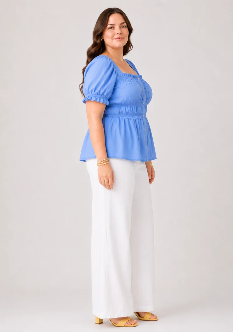 Avena|100% Viscose Peplum Top With Puff Sleeves
