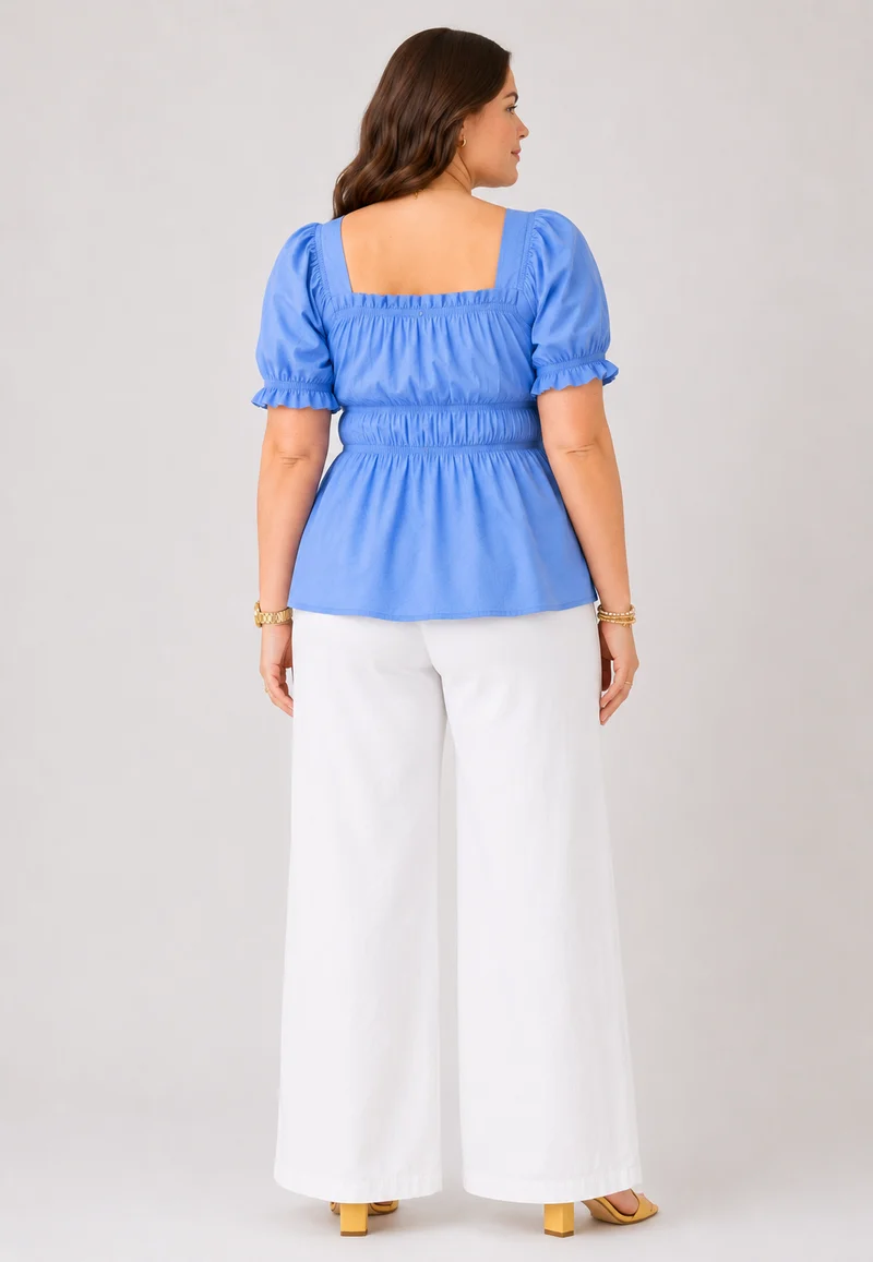 Avena|100% Viscose Peplum Top With Puff Sleeves