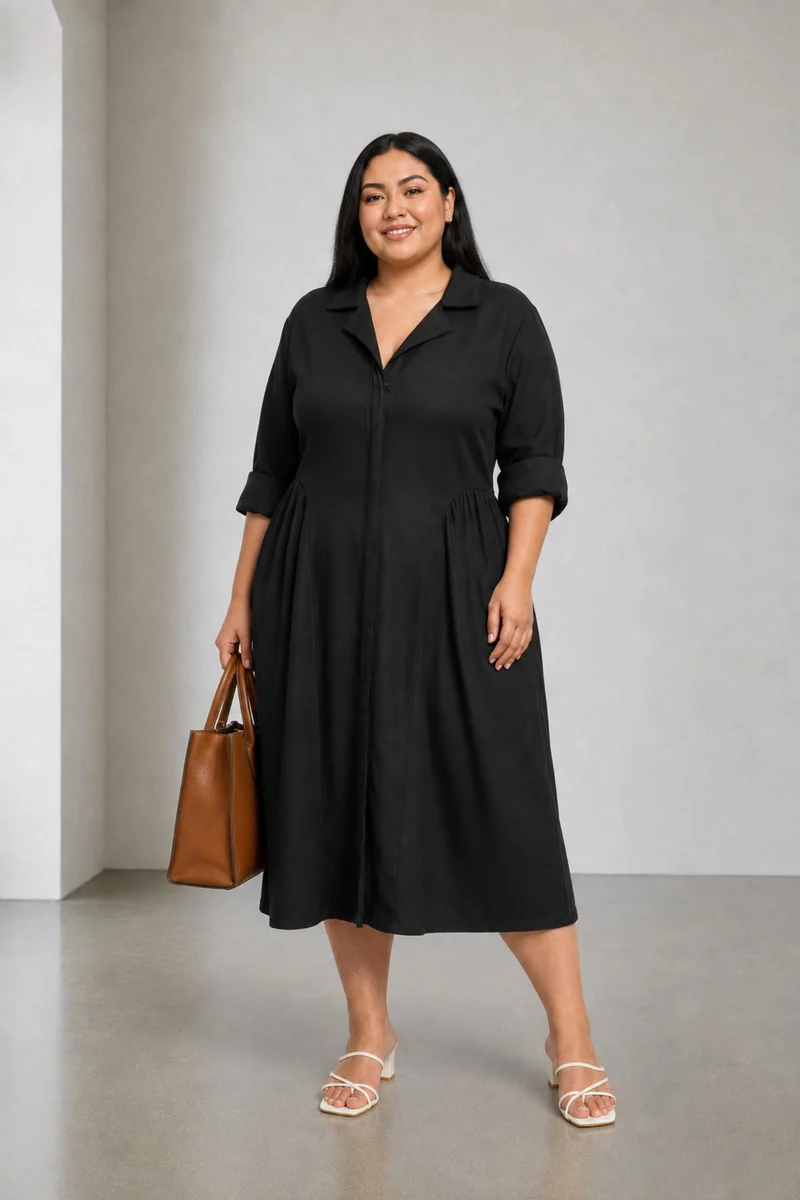 Cintia|100% Cotton Midi Dress With Lapel Collar