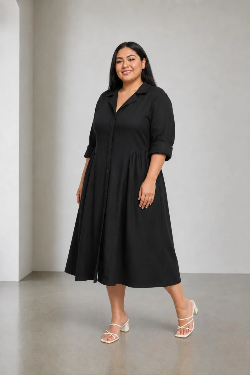 Cintia|100% Cotton Midi Dress With Lapel Collar