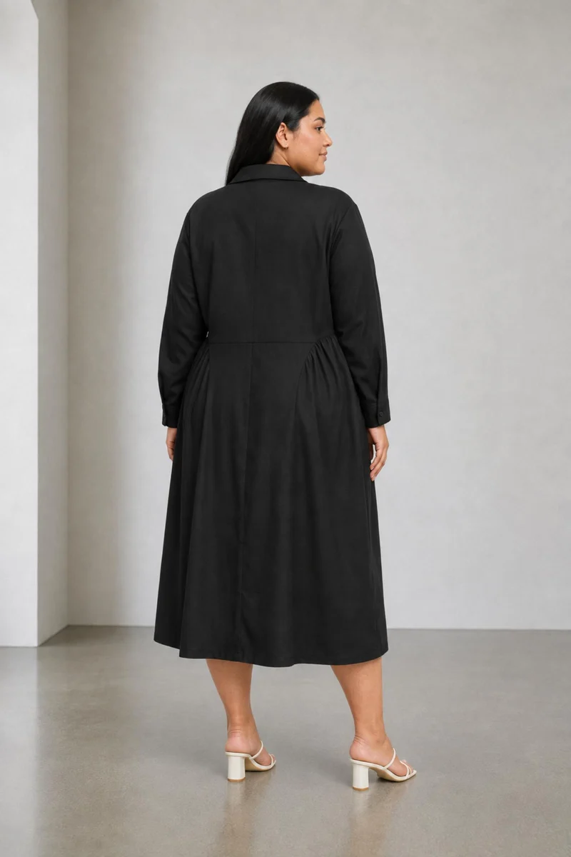 Cintia|100% Cotton Midi Dress With Lapel Collar