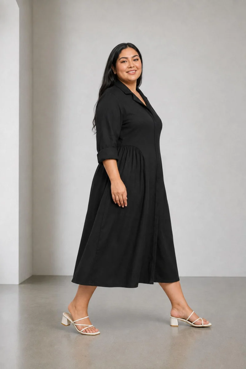 Cintia|100% Cotton Midi Dress With Lapel Collar
