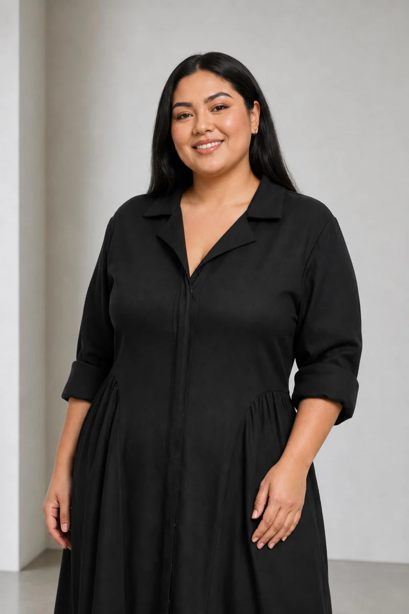 Cintia|100% Cotton Midi Dress With Lapel Collar