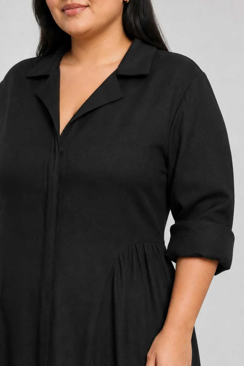 Cintia|100% Cotton Midi Dress With Lapel Collar