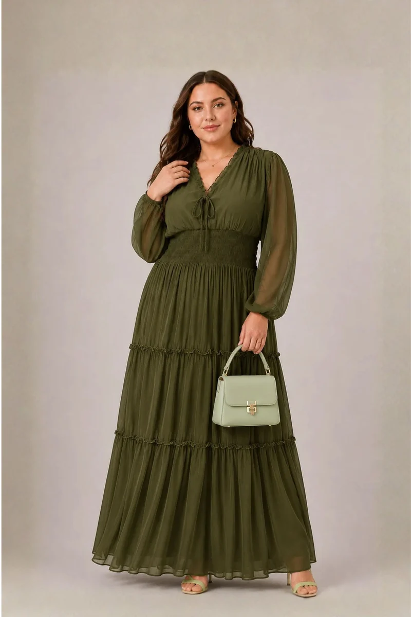 Arlena|100% Viscose V-Neck Tiered Maxi Dress