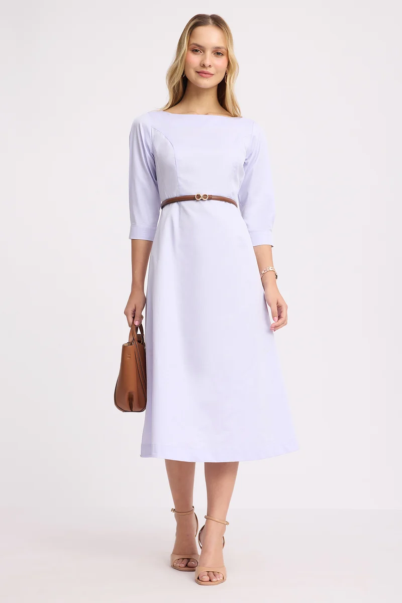 Hanu|100% Cotton Boat Neck Midi Dress