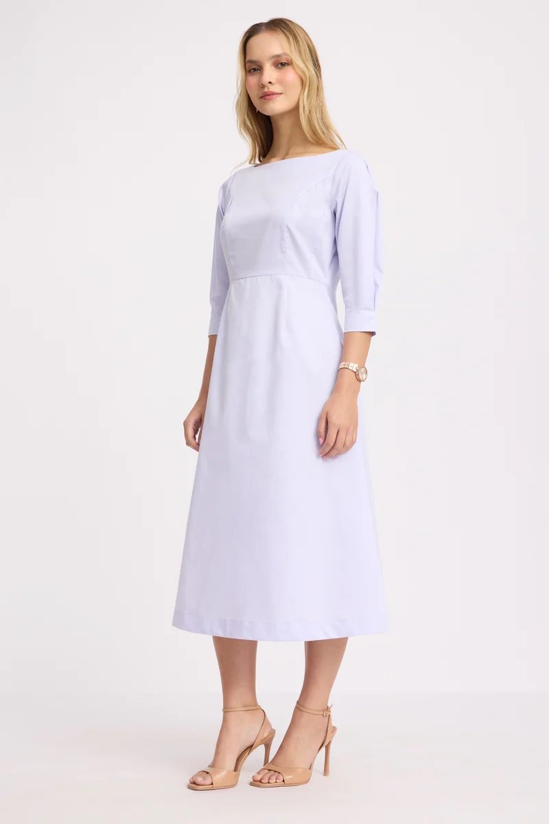 Hanu|100% Cotton Boat Neck Midi Dress