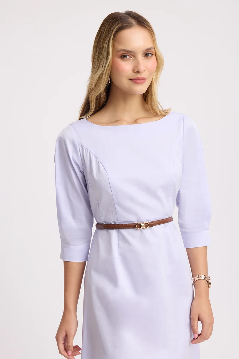 Hanu|100% Cotton Boat Neck Midi Dress