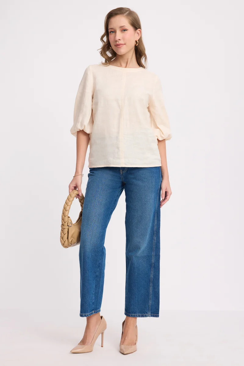 Binae|Linen Round Neck Blouson Sleeve Top