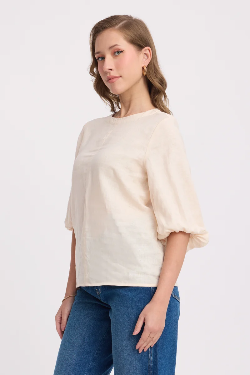 Binae|Linen Round Neck Blouson Sleeve Top