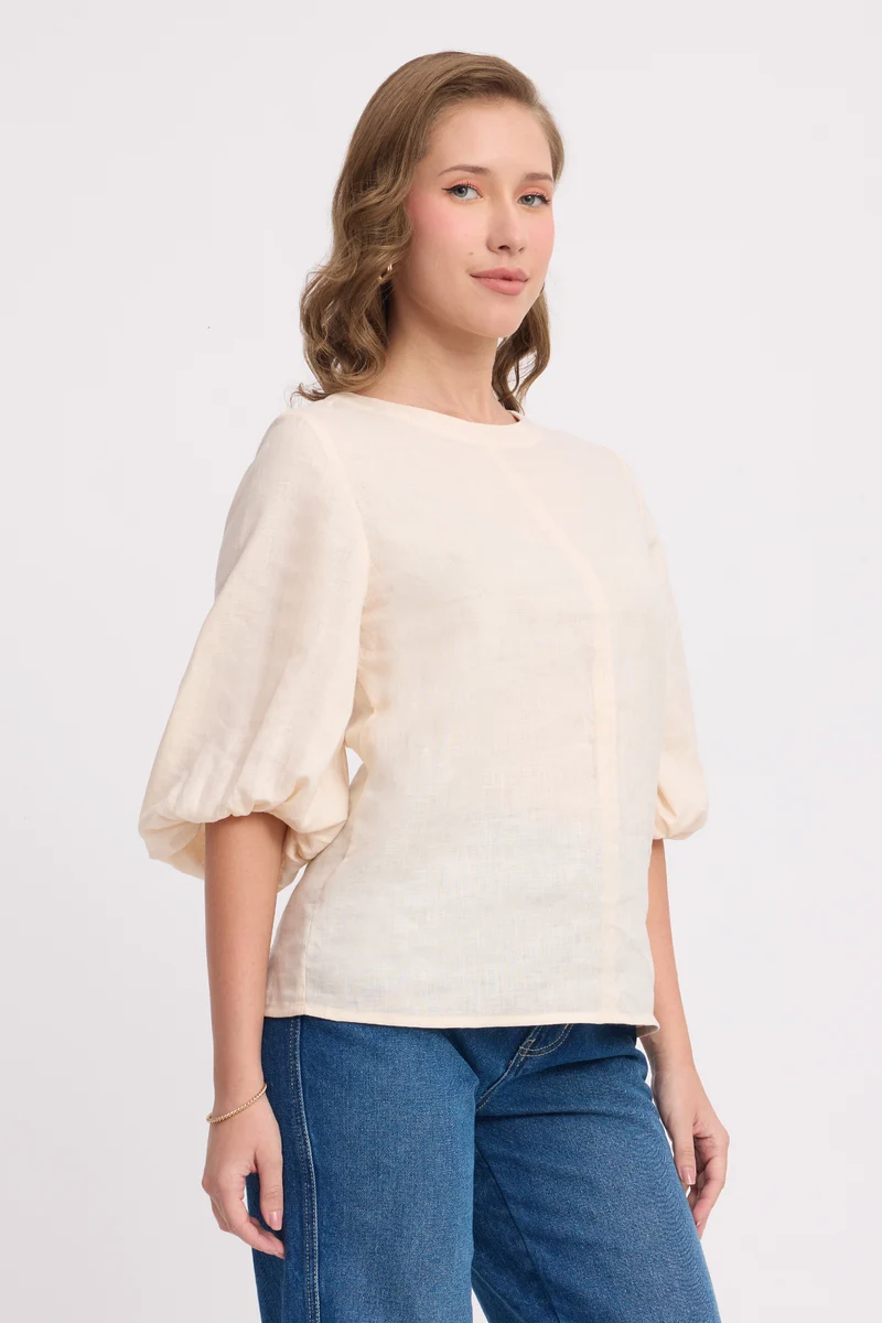 Binae|Linen Round Neck Blouson Sleeve Top