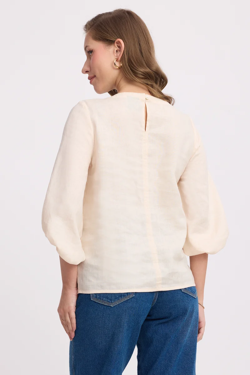 Binae|Linen Round Neck Blouson Sleeve Top