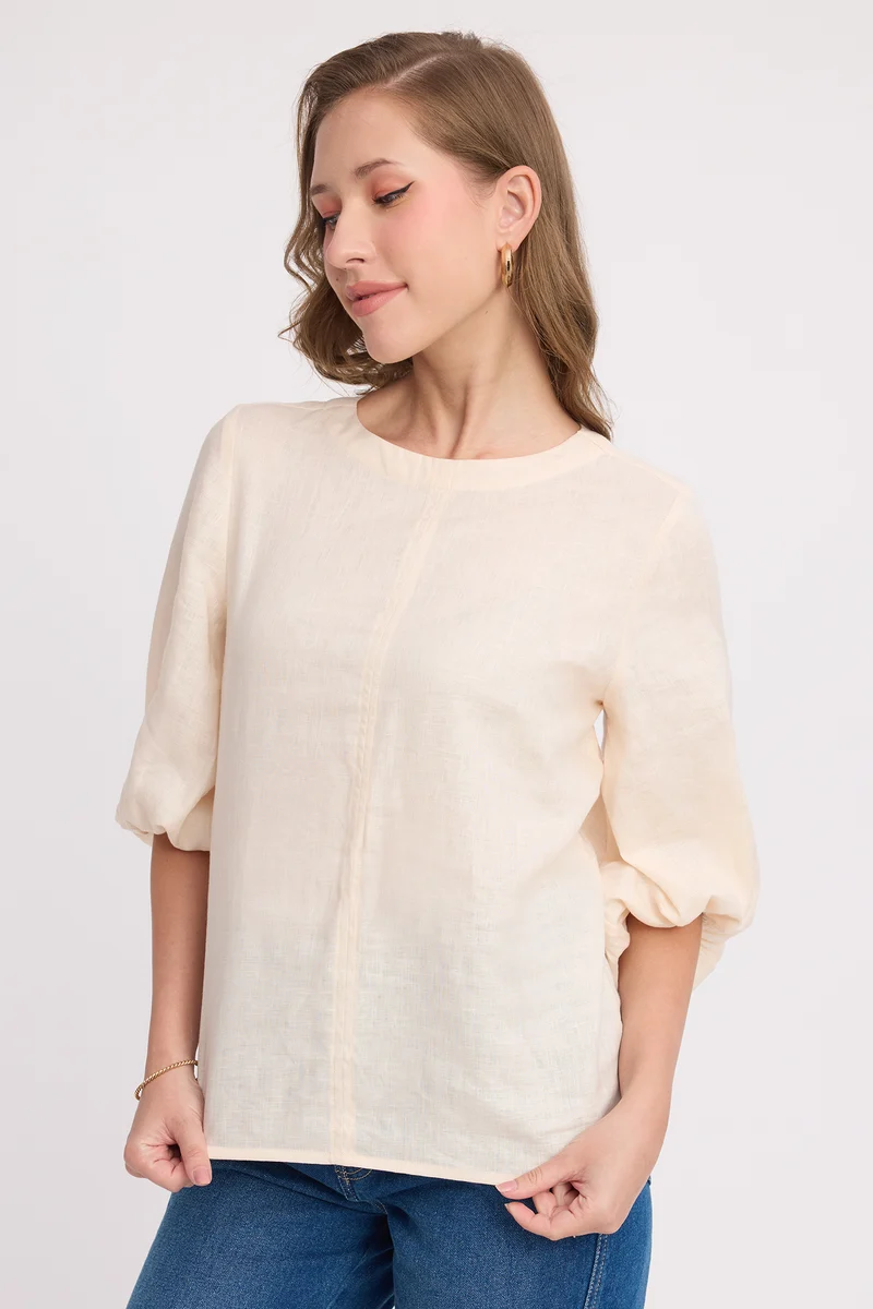 Binae|Linen Round Neck Blouson Sleeve Top